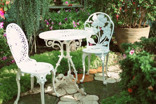 white metal seat chair in flower garden park