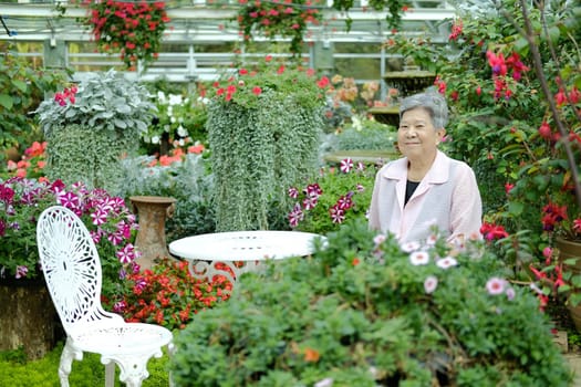 asian old elderly elder woman resting relaxing in garden. senior leisure lifestyle