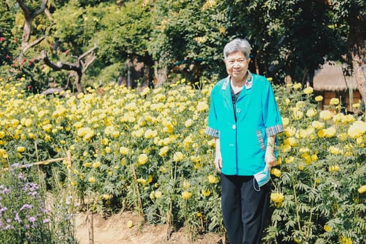 asian old elderly elder woman resting relaxing in flower garden. senior leisure lifestyle