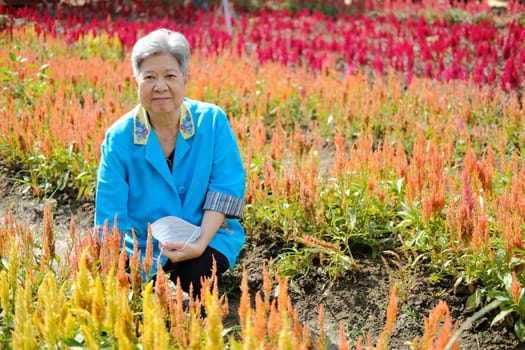 asian old elderly elder woman resting relaxing in flower garden. senior leisure lifestyle