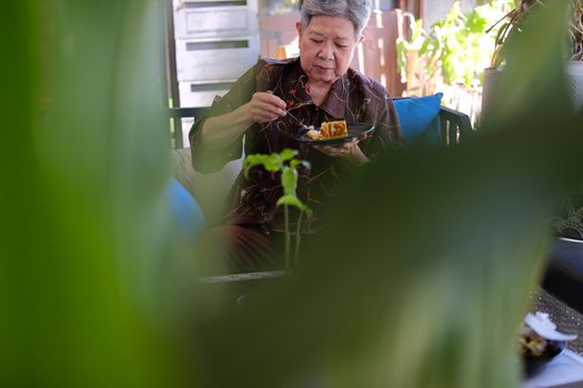 old asian elderly senior elder woman eating cheesecake at home