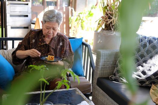 old asian elderly senior elder woman eating cheesecake at home