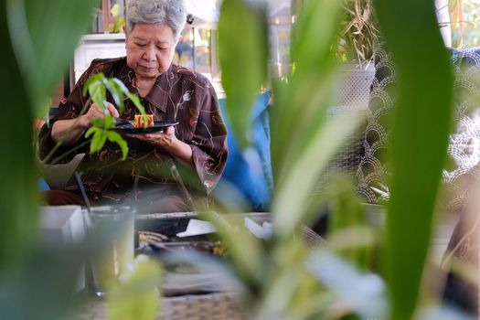 old asian elderly senior elder woman eating cheesecake at home