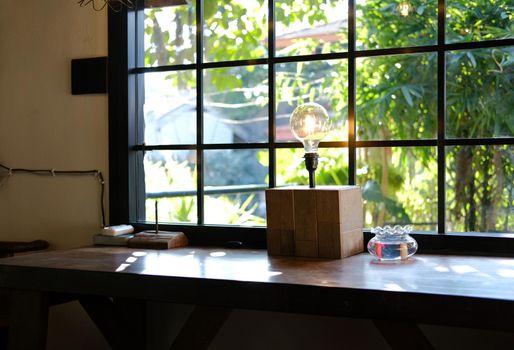wooden box with light bulb decorating in living room