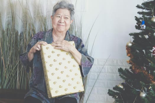 asian old elder woman elderly senior female holding gift present box near christmas tree