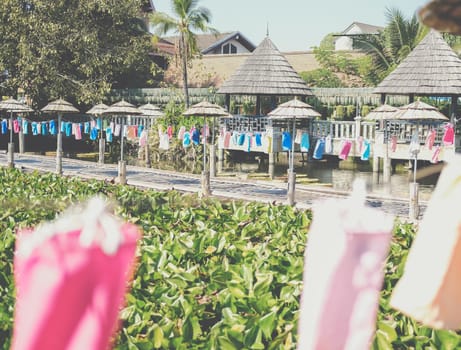 wooden bamboo bridge decorating with fabric lantern