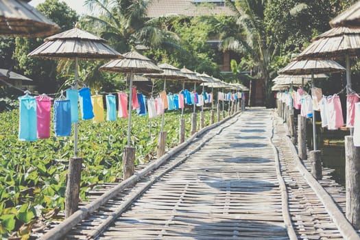 wooden bamboo bridge decorating with fabric lantern