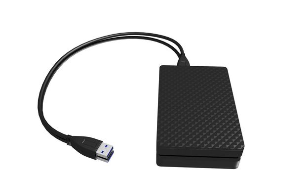 Portable external hard disk drive with USB cable on white background. Pocket size hard drive. 3D rendered illustration