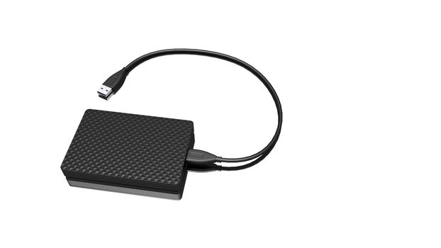 Portable external hard disk drive with USB cable on white background. Pocket size hard drive. 3D rendered illustration