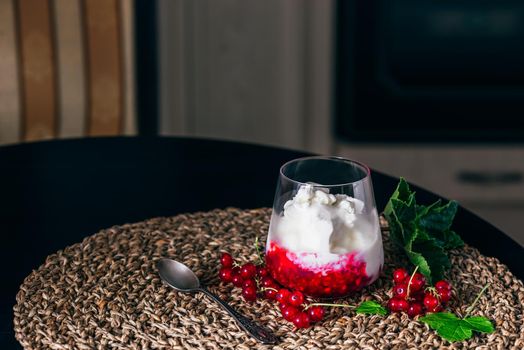 Ice Cream Dessert with Red Currant Jam and Fresh Berries.