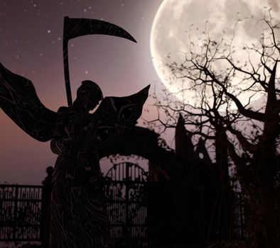 Angel of Death in front of a gate - Spooky night background with moon.