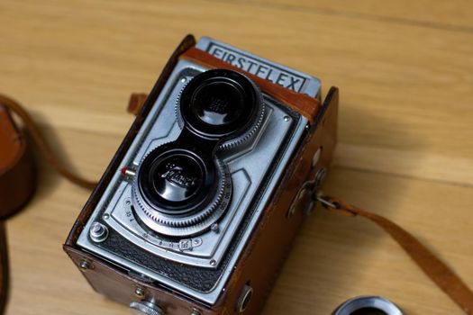 December 6, 2020 - Elkins Park, PA: A Vintage 1950s Firstflex Camera Standing Up