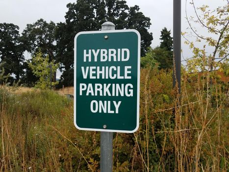 green hybrid vehicle parking only sign and grass and plants