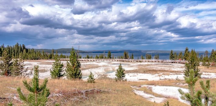 Hot thermal spring Abyss Pool in Yellowstone National Park, West Thumb Geyser Basin area, Wyoming, USA