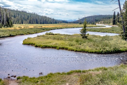 Overview prairie and rivers in Yellowstone National Park in Wyoming