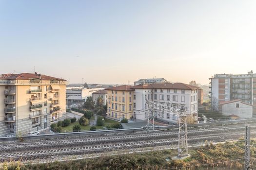 View from above of railway track lines in the middle of the city.