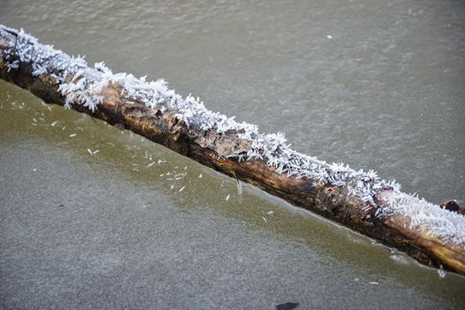 A Selective focus shot of a wooden plank stuck in the ice and covered with snowflakes