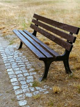 Vertical shot of an empty wooden bench on a dry grass-covered ground