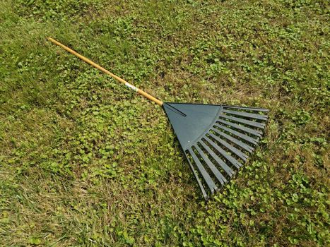 black plastic leaf rake on green grass or lawn or yard