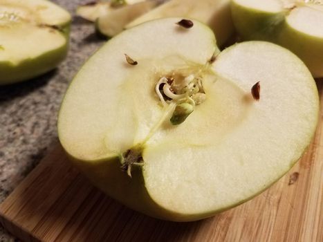 apple on wood cutting board growing a sprout with seeds