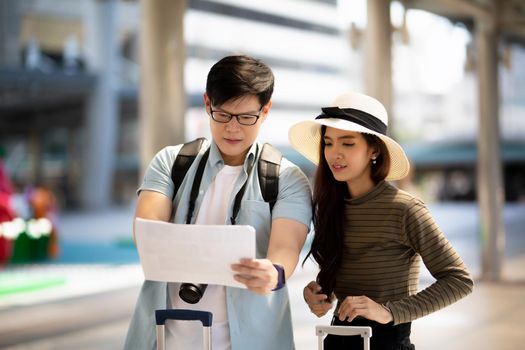 Couple love on summer vacation travel. Man and Woman walking on city romantic honeymoon, couple lover on travel concept.