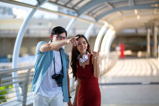 Couple love on summer vacation travel. Man and Woman walking on city romantic honeymoon, couple lover on travel concept.