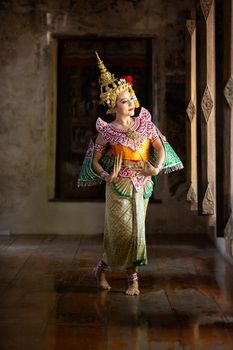 Beautiful Thai young woman portrait in Kinnaree traditional dress costume Art culture Thailand Dancing in masked khon Kinnaree in literature amayana, thailand culture Khon, Ayuttaya, Thailand .