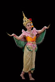Beautiful Thai young woman portrait in Kinnaree traditional dress costume Art culture Thailand Dancing in masked khon Kinnaree in literature amayana, thailand culture Khon, Ayuttaya, Thailand .