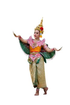 Beautiful Thai young woman portrait in Kinnaree traditional dress costume Art culture Thailand Dancing in masked khon Kinnaree in literature amayana, thailand culture Khon, Ayuttaya, Thailand .