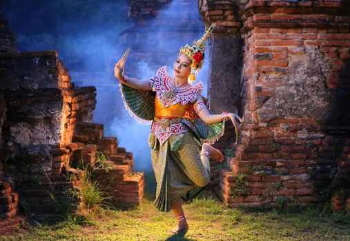 Beautiful Thai young woman portrait in Kinnaree traditional dress costume Art culture Thailand Dancing in masked khon Kinnaree in literature amayana, thailand culture Khon, Ayuttaya, Thailand .