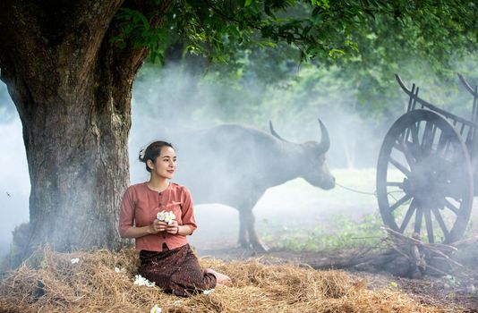 portrait of beautiful Asian woman and buffalo in field at farmland.