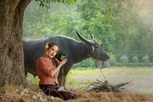 portrait of beautiful Asian woman and buffalo in field at farmland.