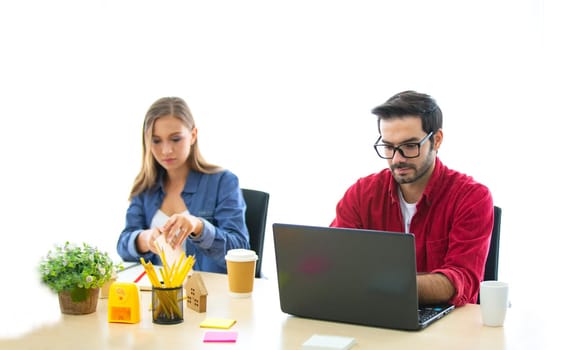 Business people working in office on desktop computer, Group of happy business people in smart casual wear looking at the laptop and gesturing. Achieving success.