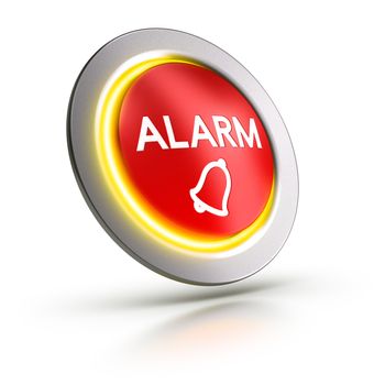 3D illustration of a red alarm button over white background.