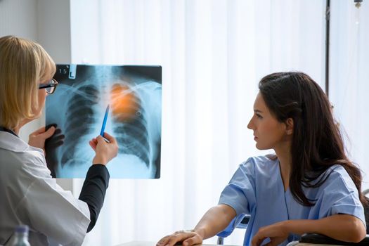 Doctor explaining lungs x-ray to women patient in clinic or Doctor in the office examining an x-ray and discussing with a patient