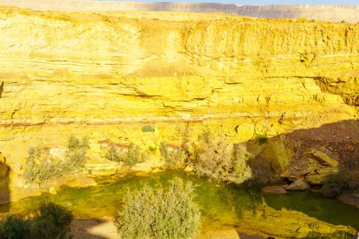 View of a water hole and layered rock formation, along the Ramon Colors Route, in Makhtesh Ramon (Ramon Crater), the Negev desert, southern Israel