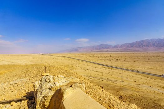 View of the Arava desert landscape, and the Arava road (90), between Israel and Jordan