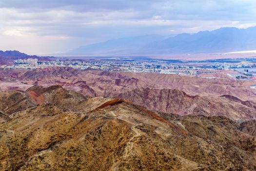 View of Mount Tzfahot, Eilat and the gulf of Aqaba. Eilat Mountains, southern Israel