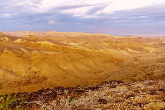 Sunset view of the Judaean Desert and the Dead Sea, from Moab viewpoint, Southern Israel