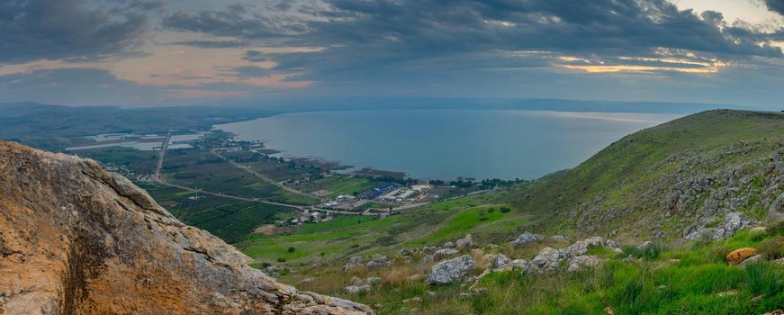 Panoramic sunrise view of the Sea of Galilee, from the west (mount Arbel). Northern Israel