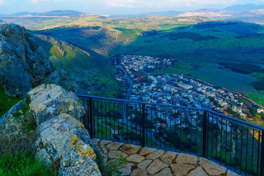 Galilee landscape view from mount Arbel, with Observation Point and the Arab village Hamam. Northern Israel