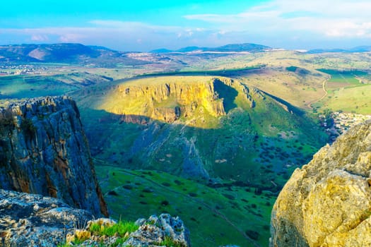 View of landscape and Mount Nitay from Mount Arbel National Park. Northern Israel