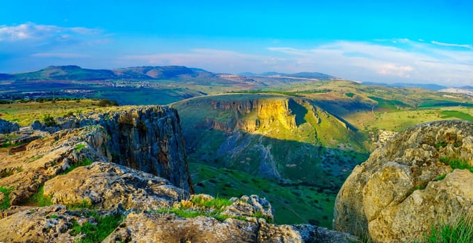 Panoramic view of landscape, Horns of Hattin mountain and Mount Nitay from Mount Arbel National Park. Northern Israel