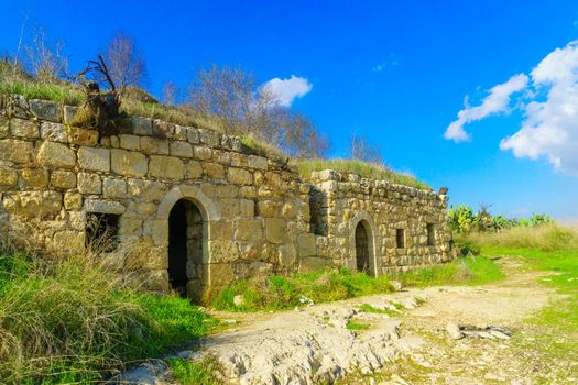 View of ancient ruins in the archaeological site Tel Tzuba, with Remains of a prominent dome, an Arab village and a Crusader fortress in the Jerusalem hills, Central Israel