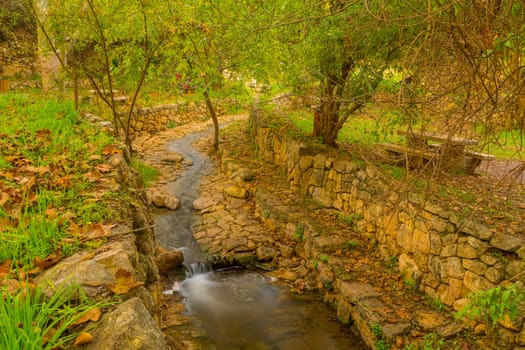 View of the Kesalon Stream with trees, and fall foliage, in En Hemed National Park (Aqua Bella), west of Jerusalem, Israel