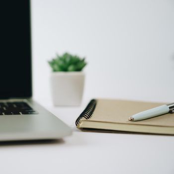 Laptop with white blank screen isolated on white background with small plant  and gadget decorate on working desk.