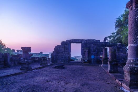 Blue hour (before sunrise) view of the remains of the synagogue of Chorazin (Korazim). Now a National Park in Northern Israel. According to Christian tradition, Jesus preached here and later cursed