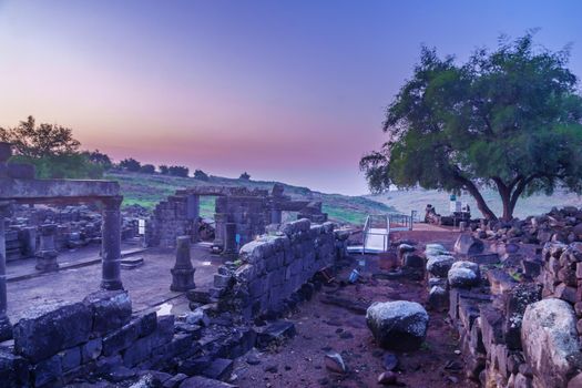 Blue hour (before sunrise) view of the remains of the synagogue of Chorazin (Korazim). Now a National Park in Northern Israel. According to Christian tradition, Jesus preached here and later cursed