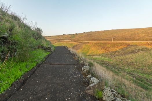 View of a footpath and Galilee landscape in Chorazin (Korazim). Now a National Park in Northern Israel