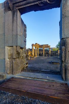 View of the remains of the synagogue of Chorazin (Korazim). Now a National Park in Northern Israel. According to Christian tradition, Jesus preached here and later cursed